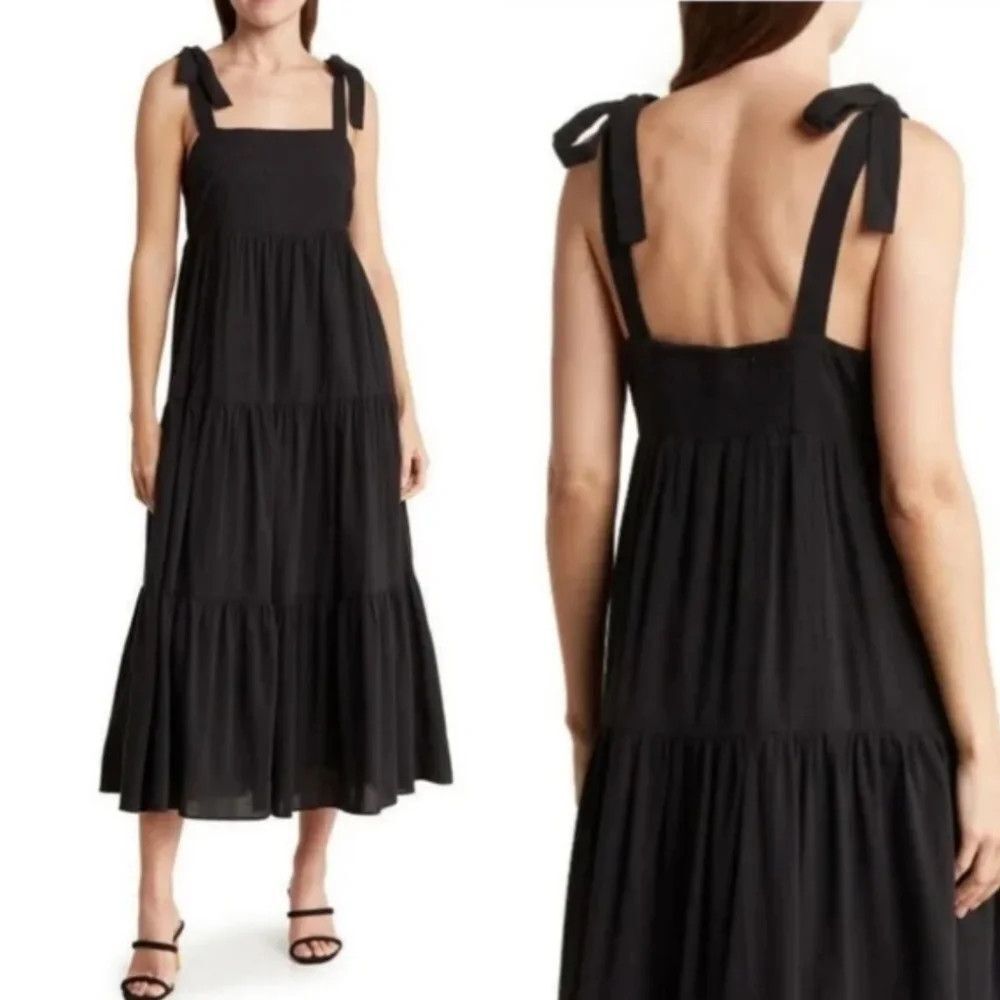 Madewell Dress Womens L Black Cotton Tiered Tie Strap Maxi Sundress Square Neck